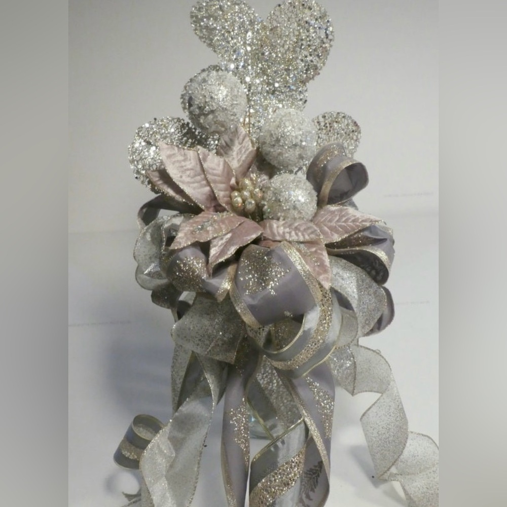 New Ribbon Christmas Tree Topper-Bow Tree Topper-Platinum And Champagne Topper